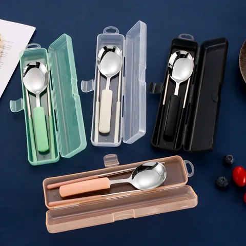 Ensemble de Couverts Portables en Acier Inoxydable 304 Cuillère Et Baguettes Avec Boîtier de Rangement Vaisselle de Voyage Réutilisable pour Bureau École Étudiants Adultes