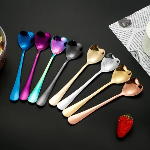 Stainless Steel Heart Shaped Dessert Spoon Happy Family Engraved Coffee Stirring Spoon Mirror Polishing Creative Gift Tableware For Wedding Party