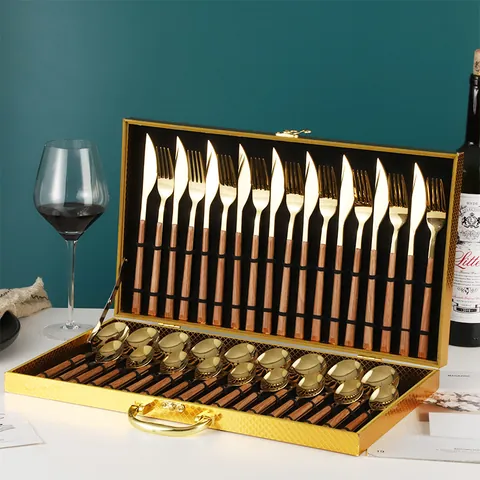 Mirror Polished Stainless Steel Cutlery Wood Grain Handle Steak Knife Fork Spoon Luxury Dinnerware Portable Gift Case