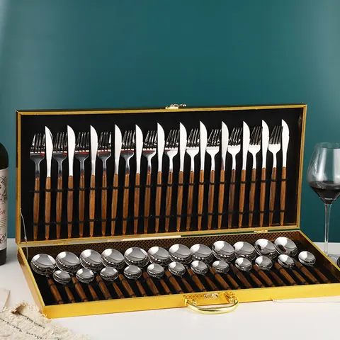 Mirror Polished Stainless Steel Cutlery Wood Grain Handle Steak Knife Fork Spoon Luxury Dinnerware Portable Gift Case