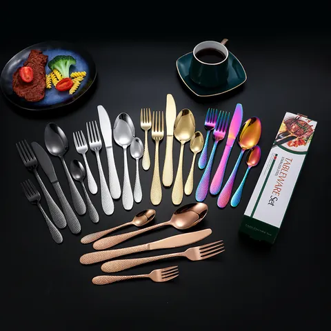 Posate in Acciaio Inossidabile Martellato Oro Argento Nero Oro Rosa Arcobaleno Lucidato Coltello Forchetta Cucchiaio