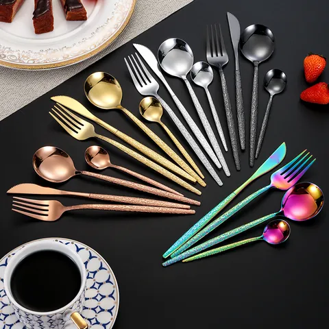 Luxury Stainless Steel Tableware With Hammered Texture For Wedding Party Hotel Gold Silver Black Steak Knife Fork Spoon