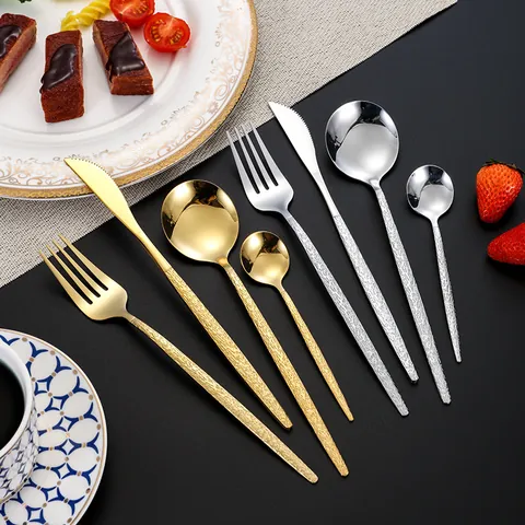 Luxury Stainless Steel Tableware With Hammered Texture For Wedding Party Hotel Gold Silver Black Steak Knife Fork Spoon