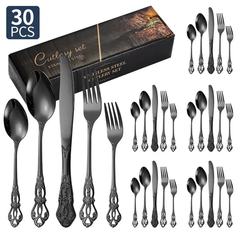 Coutellerie en Acier Inoxydable Baroque Vintage Royal Polissage Miroir Relief Couteau Fourchette Cuillère Dessert Pour Banquet Mariage Fête Dîner