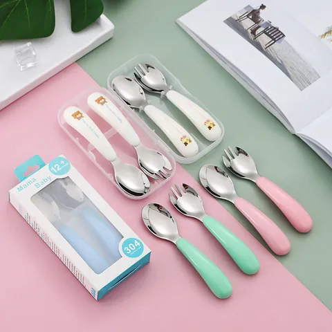 Portable 304 Stainless Steel Kids Tableware With Cartoon Bear Cat Pattern PP Handle Spoon Fork And Storage Box For Toddler Baby Feeding
