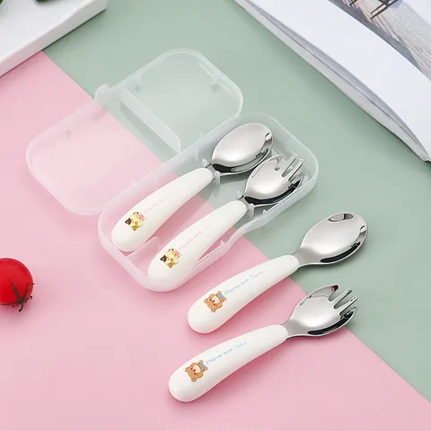 Portable 304 Stainless Steel Kids Tableware With Cartoon Bear Cat Pattern PP Handle Spoon Fork And Storage Box For Toddler Baby Feeding