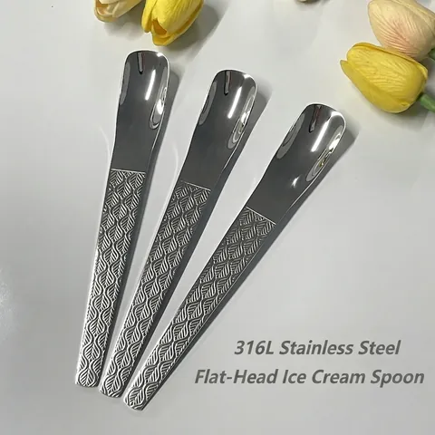 316L Stainless Steel Flat Head Ice Cream Spoon Leaf Relief Handle Mirror Polished Dessert Spoon For Coffee Cake Yogurt