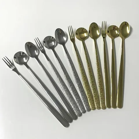 Cuillère à Café en Acier Inoxydable 304 à Long Manche Cuillère à Mélanger Élégante Texture Pierre Or Argent Fourchette Dessert