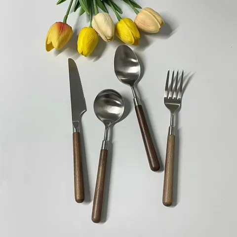 Cubertería Retro de Acero Inoxidable 304 Con Mango de Madera de Nogal Pulido Espejo Cuchillo Tenedor Y Cuchara