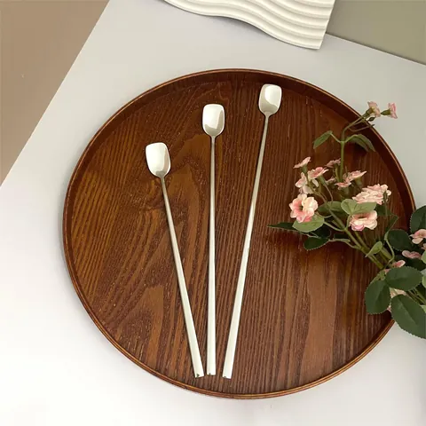 Cuillère à Mélanger en Acier Inoxydable 316L Manche Long Tête Carrée Poli Miroir Mélangeur à Café Bar Cocktail Miel Dessert