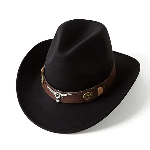 Sombrero Fedora de Fieltro de Lana Vaquero del Oeste Vintage para Hombre Mujer Ala Ancha Cabeza de Toro Banda de Cuero Moda