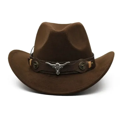 Sombrero Fedora de Fieltro de Lana Vaquero del Oeste Vintage para Hombre Mujer Ala Ancha Cabeza de Toro Banda de Cuero Moda