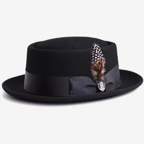 Vintage Wool Felt Pork Pie Hat For Men Women Feather Satin Ribbon Flat Top Fedora Porkpie Hat Autumn Winter Dress Hat