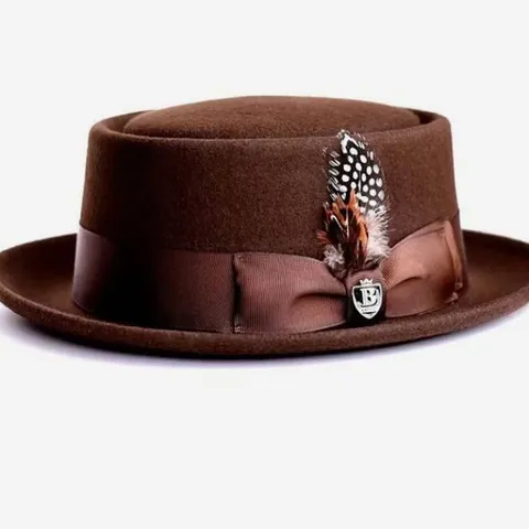 Vintage Wool Felt Pork Pie Hat For Men Women Feather Satin Ribbon Flat Top Fedora Porkpie Hat Autumn Winter Dress Hat