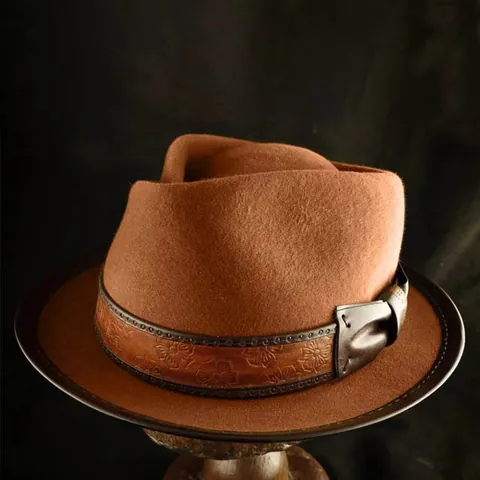 Cappello Fedora Vintage 100 Per Cento Lana Con Fascia in Pelle Goffrata Floreale Retro Tesa Larga Inverno Autunno Panama Donna