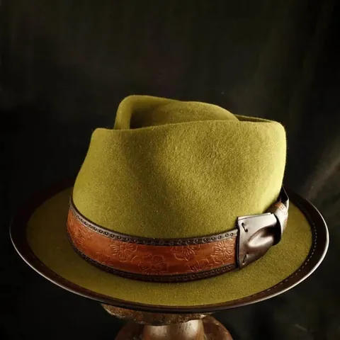 Cappello Fedora Vintage 100 Per Cento Lana Con Fascia in Pelle Goffrata Floreale Retro Tesa Larga Inverno Autunno Panama Donna