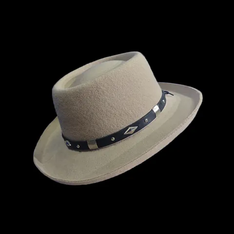 Cappello Vintage in Pura Lana Fedora Pork Pie a Corona Rotonda Jazz con Cinturino in Pelle Fibbia Rivetti Decorazione Moda