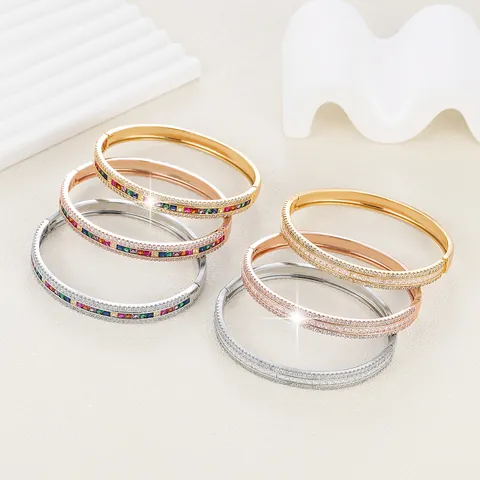 Luxury Copper Cubic Zirconia Bangle For Women Rainbow Crystal Bracelet Electroplated Jewelry For Wedding Party Gift