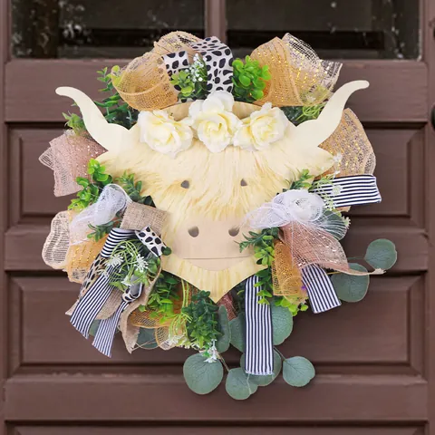 Hochlandrind Kranz Künstliche Weiße Rose Band Blumen Girlande Landhausstil Frühling Tür Hängende Dekoration Für Haus Garten Wand Deko