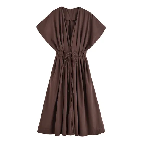 Dames V-Hals Korte Mouw Jurk Met Trekkoord Effen Kleur Mesh Polyester Casual Streetwear Vakantie Strand Feest Jurk