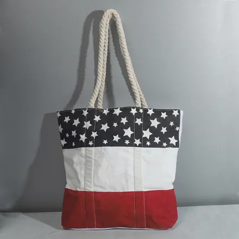 Large Capacity Canvas Tote Bag With Braided Cotton Rope Handles Flag Pattern Patchwork Beach Travel Shoulder Bag For Women