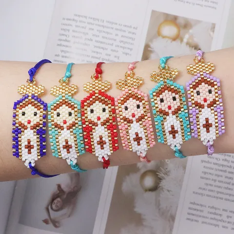 Handmade Miyuki Glass Bead Woven Virgin Mary Bracelet For Women Adjustable Religious Figure Cross Charm Bohemian Ethnic Jewelry