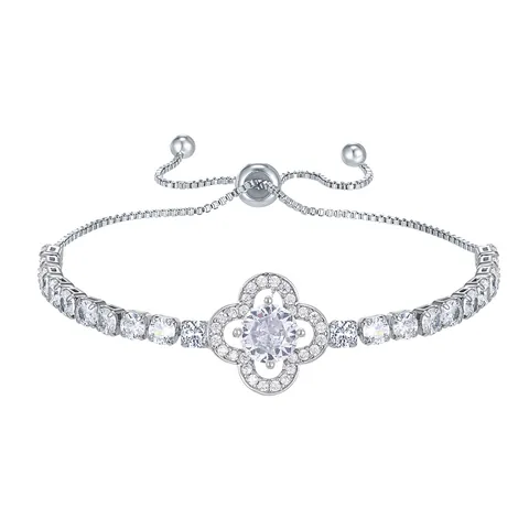 Elegant Clover Cubic Zirconia Adjustable Bolo Bracelet Copper Silver Plated Dainty Jewelry For Women Wedding Banquet Gift