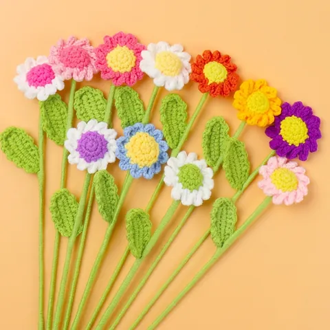 Handmade Crochet Daisy Flower Bouquet Yarn Knitted Artificial Flower Single Stem Home Decor Valentine Day Gift