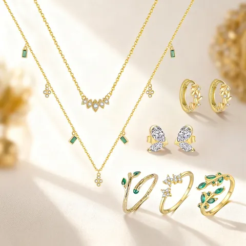 925 Sterling Silber Schmuckset Für Damen 18K Vergoldet Grün Nano Zirkonia Blatt Blume Halskette Ohrringe Öffnungsringe