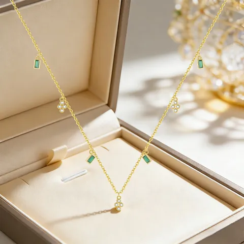 925 Sterling Silber Schmuckset Für Damen 18K Vergoldet Grün Nano Zirkonia Blatt Blume Halskette Ohrringe Öffnungsringe