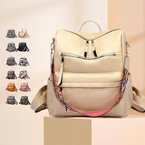 Women Vintage PU Leather Backpack Large Capacity Fashion Multi Pocket Travel Bag With Ethnic Colorful Woven Strap Rucksack