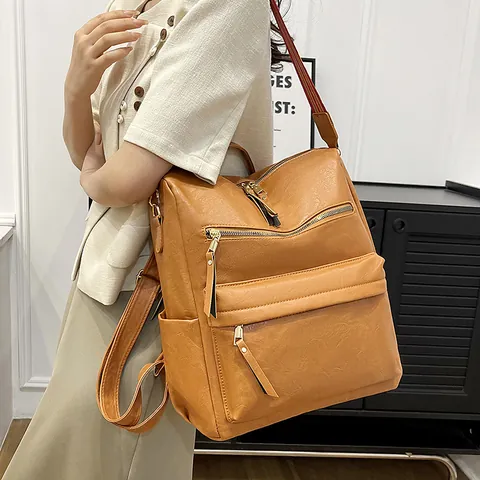 Women Vintage PU Leather Backpack Large Capacity Fashion Multi Pocket Travel Bag With Ethnic Colorful Woven Strap Rucksack