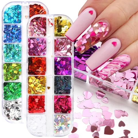 Paillettes à Ongles Cœur Holographique Laser Colorées Glitter Flakes 12 Grilles Forme de Cœur d'Amour Décoration Manucure DIY Femme