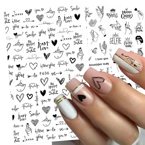 Adesivi per Nail Art 3D Autoadesivi Cuore Lettera Fiore Personaggio Manga Line Art Decalcomanie per Manicure Fai-da-te Decorazione Unghie Donna