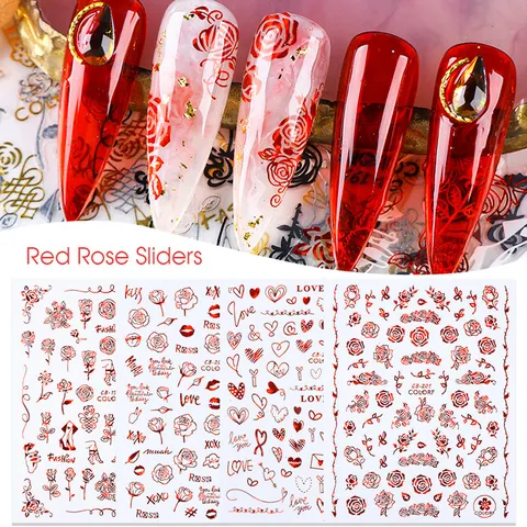 Adesivi per Unghie 3D San Valentino Rosa Rossa Cuore Torre Eiffel Decalcomanie Autoadesive per Donna Decorazione Manicure