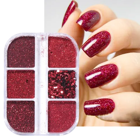 Set di 6 Griglie Glitter e Paillettes per Unghie Rosse Fiocchi Esagonali Lucidi per Manicure DIY Matrimonio Festa Donna