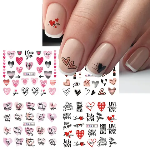 Valentine's Day Nail Art Water Transfer Stickers Heart Rose Lip Print Letter Design For Women DIY Nail Art Decoration
