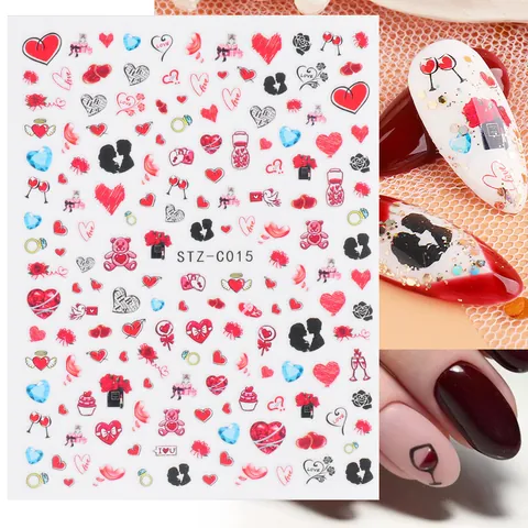 Adesivi per Nail Art di San Valentino Multicolore Cuore Fiocco Fiore Lettere Decalcomanie per Unghie Autoadesive per Donna Decorazione Manicure