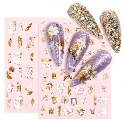 Weißgold 3D Selbstklebende Nail Art Aufkleber Abstraktes Gesicht Blume Blatt Design Bronzierende Nagelsticker Für Damen DIY Deko
