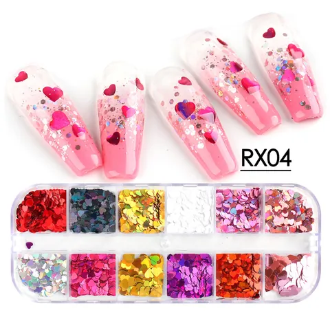 Paillettes à Ongles Cœur Holographique Laser Colorées Glitter Flakes 12 Grilles Forme de Cœur d'Amour Décoration Manucure DIY Femme