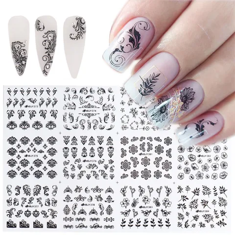Nagelkunst-Aufkleber Bronzierung Schwarz Weiß Gold Blumen Blatt Linie Selbstklebend 3D Maniküre Dekor Für Damen