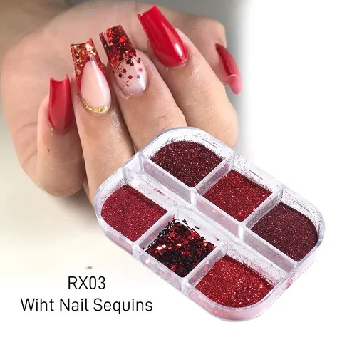 Set di 6 Griglie Glitter e Paillettes per Unghie Rosse Fiocchi Esagonali Lucidi per Manicure DIY Matrimonio Festa Donna
