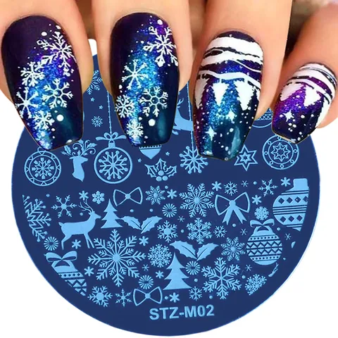 Weihnachten Nagelstempelplatte Edelstahl Schneeflocke Rentier Weihnachtsmann Muster Rund DIY Maniküre Druck Schablone Werkzeug