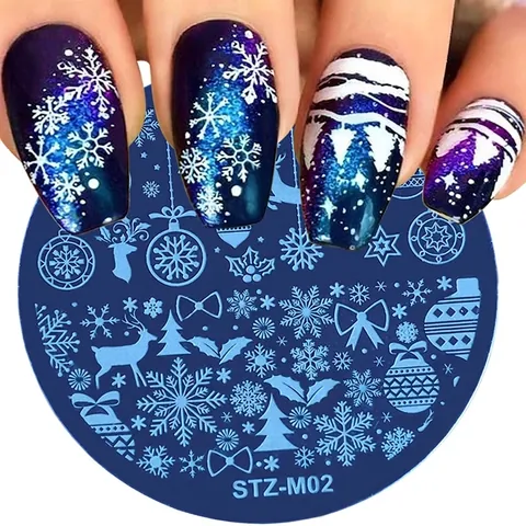 Kerstmis Nagelstempelplaat Roestvrij Staal Sneeuwvlok Rendier Kerstman Patroon Rond DIY Manicure Print Sjabloon Tool