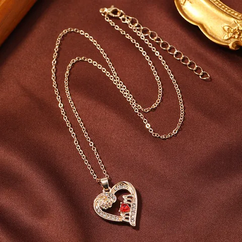 Fashion Alloy Rose Flower MOM Letter Pendant Necklace Gold Plated Heart Rhinestone Red Gem Mother Jewelry Gift For Women
