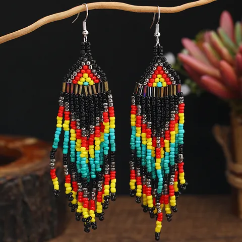 Bohemian Handmade Beaded Tassel Ethnic Tribal Geometric Dangle Drop Earrings For Women Beach Vacation Fashion Jewelry