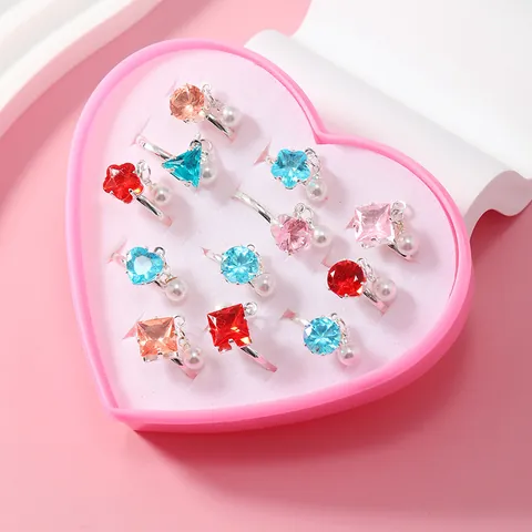 Legierung Kinder Verstellbarer Ring Mit Bunten Strass Perlenimitat Herz Box Schmuck Geschenk Für Mädchen Prinzessin Kostüm