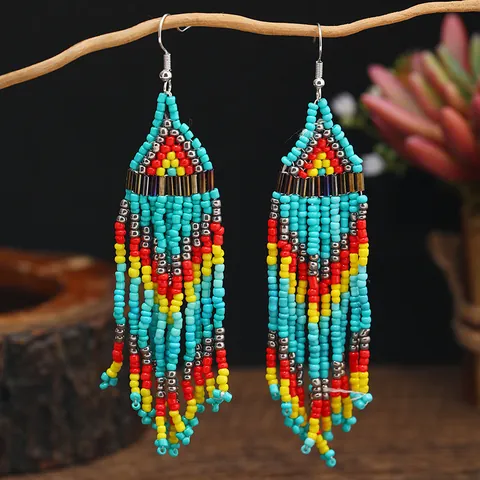 Bohemian Handmade Beaded Tassel Ethnic Tribal Geometric Dangle Drop Earrings For Women Beach Vacation Fashion Jewelry