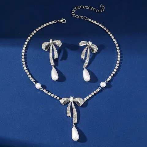 Strass Schleife Schmuckset Mit Künstliche Perle Wassertropfen Anhänger Halskette Und Ohrringe Für Damen Silber Hochzeit Party