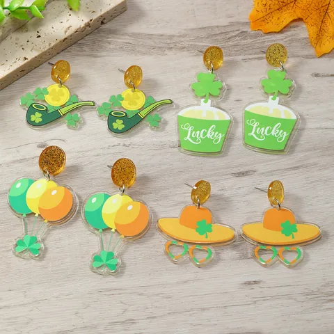St. Patrick's Day Acrylic Shamrock Drop Earrings Lucky Clover Cup Balloon Hat Festive Party Earrings For Women Jewelry